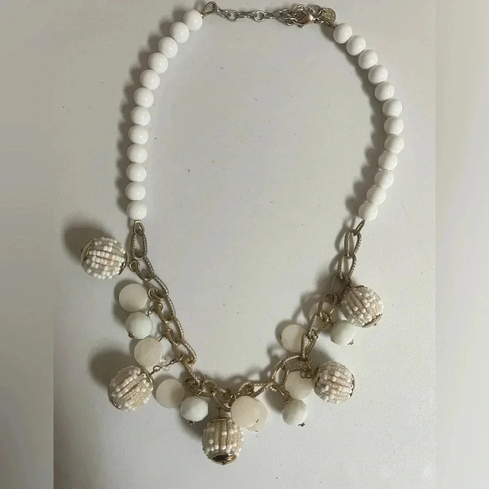 3 for $15 TALBOTS Necklace White Beaded Dangle Beads Statement Gold Tone